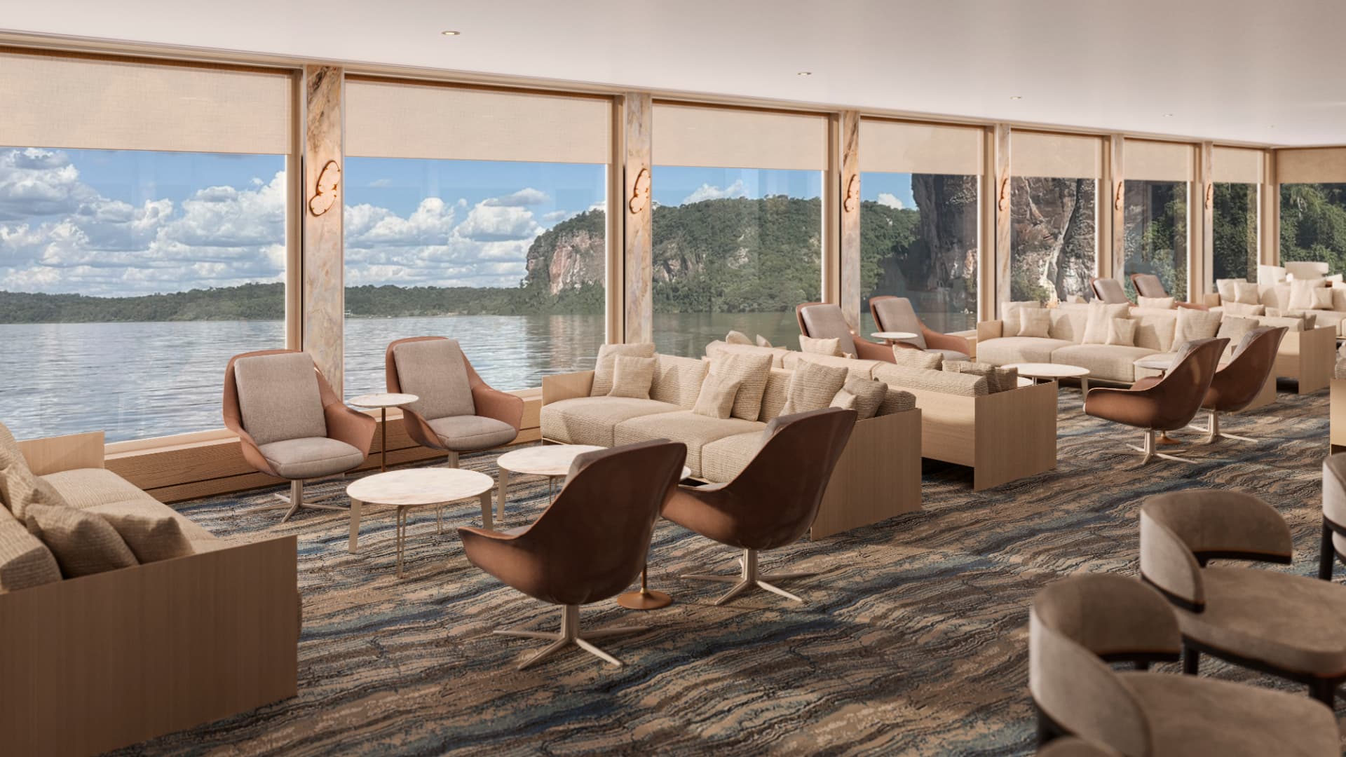 Lounge with curved sofas and panoramic windows over the river
