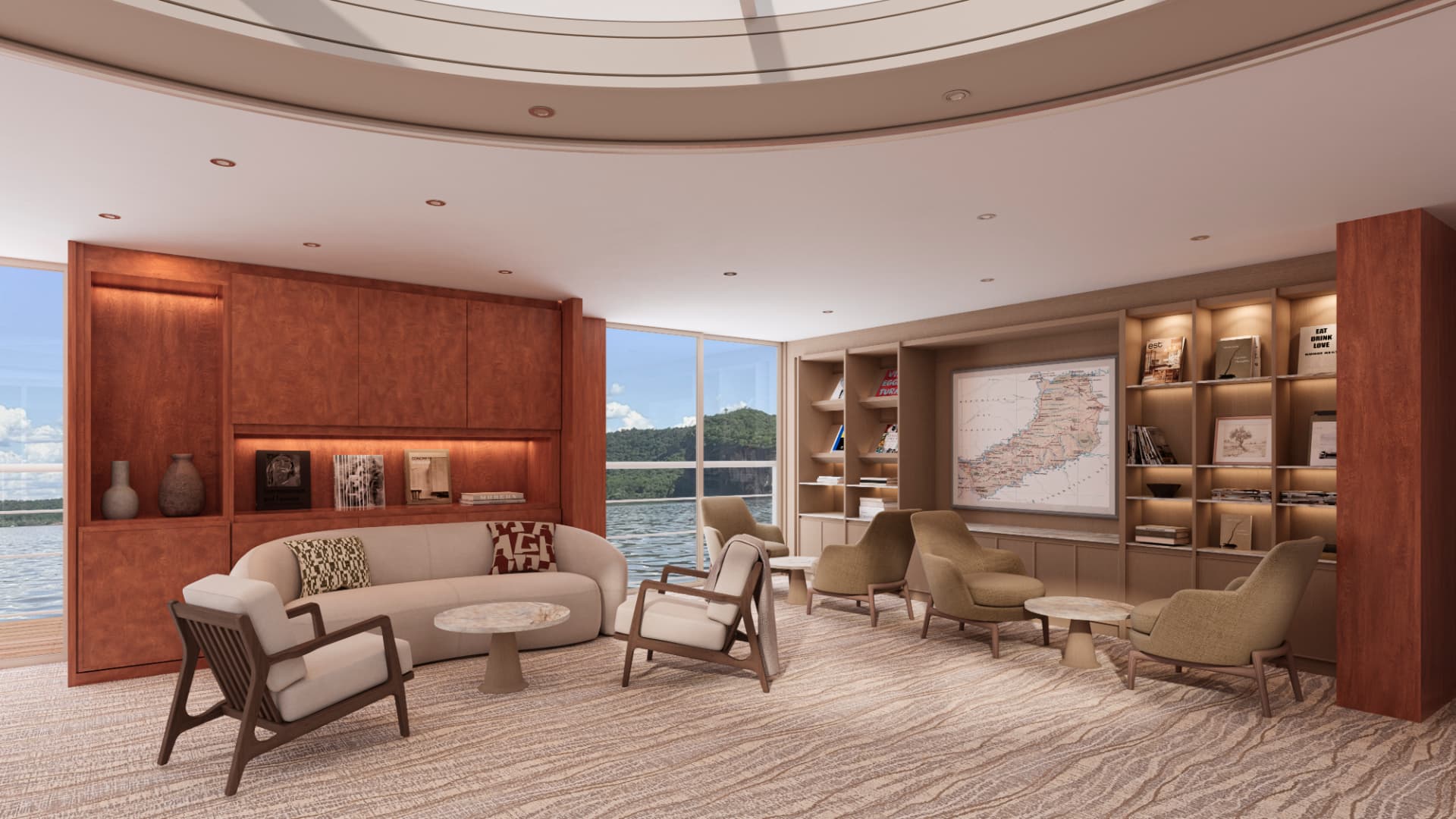 Library lounge with shelves, armchairs and a map of the river