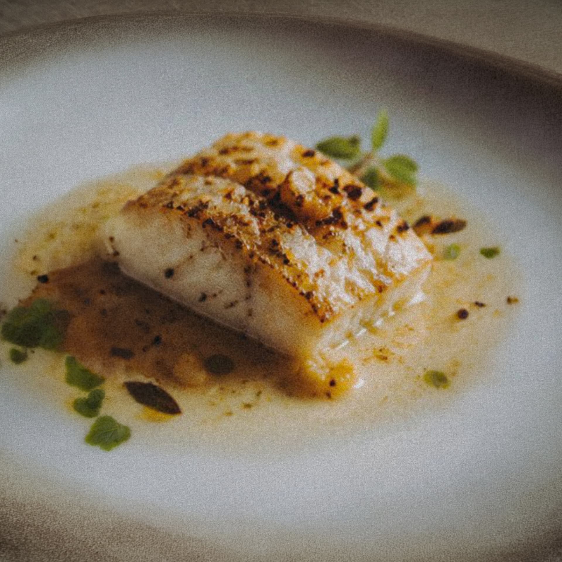 Plated fish dish with herbs on a ceramic plate